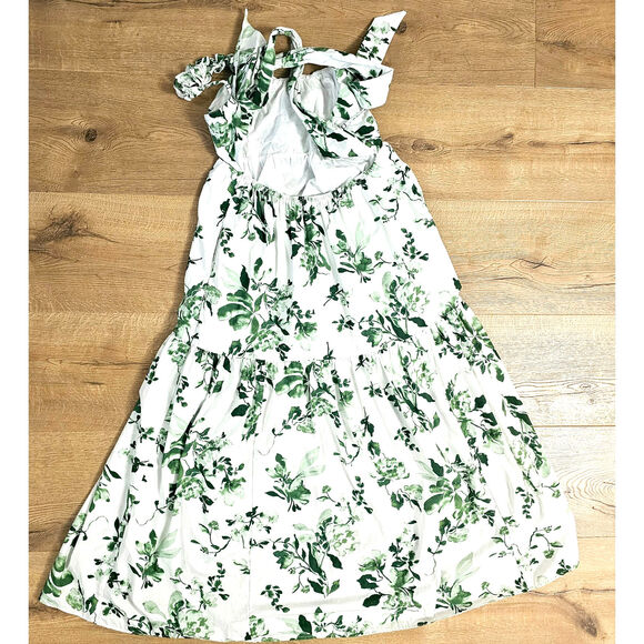 Abercrombie Green White Poplin Feminine Backless Maxi Dress Ruffles Coquette L - Picture 16 of 16